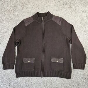 Chaps Womens 3X Sweater Full Zip Jacket Brown Faux Suede Patches Cotton Knit
